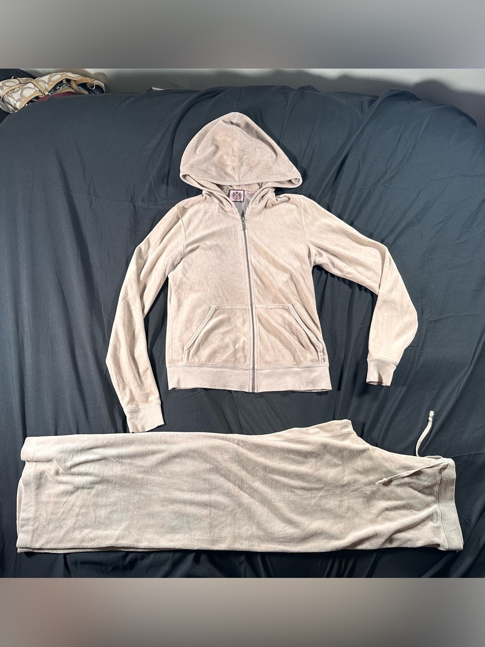 Juicy Couture Beige Tan Velour Tracksuit USA Made Retro Y2K L/XL RARE McBling